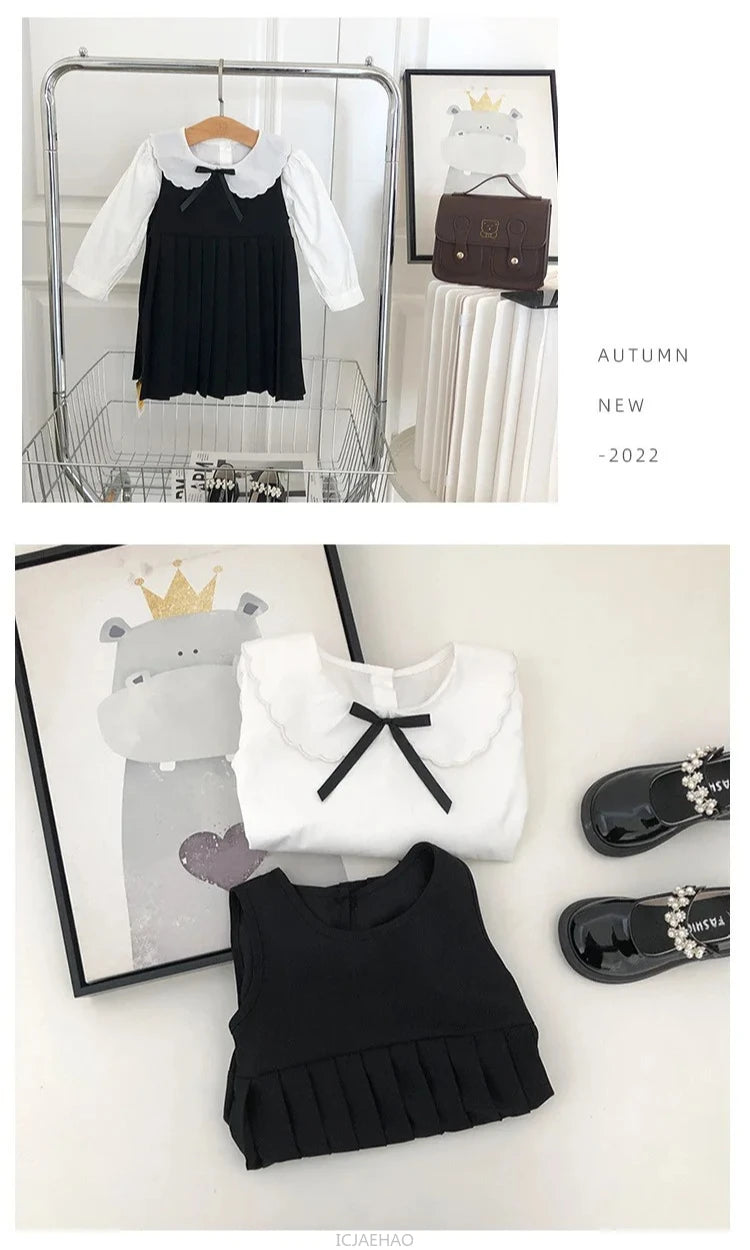 Sundress Black for Girls Children Junior Dress Elementary School Student Uniform Suit School Kids White Blouse Pleated Skirt Set