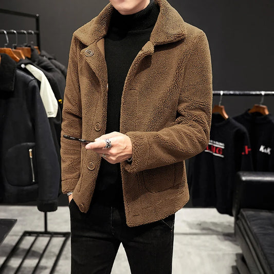 Winter Men's Warm Double sided Jackets Granular Wool Fashion Turn Down Collar Casual Outwear Coats Men Fleece Jacket Plus Size