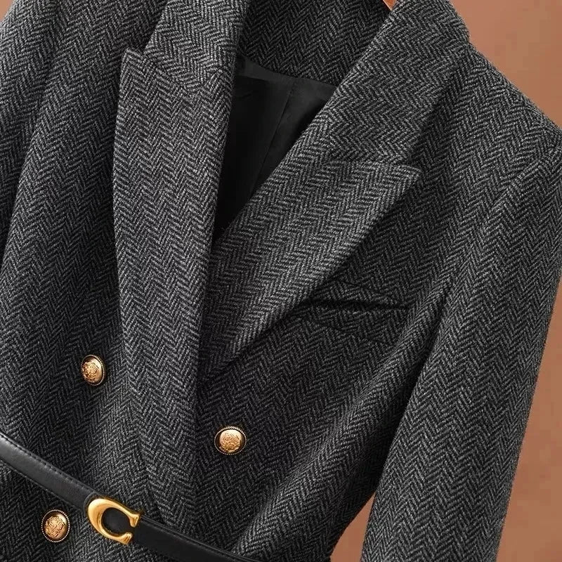 2025 New Women Long-Sleeved Suit Jacket Woolen Coat Double-Breasted Fashion Suit Mid-Length Jacket Women Autumn Winter Outwear