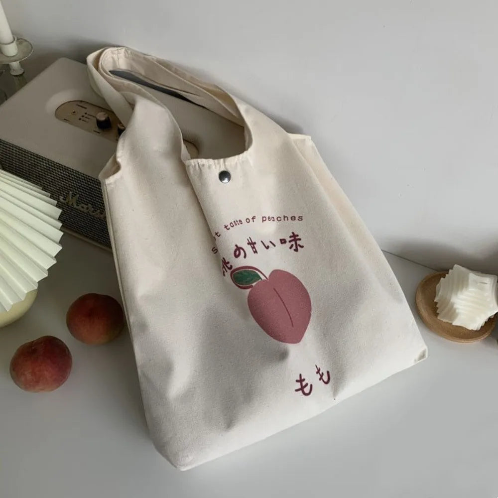 Cute Strawberry Tote Bag Aesthetic for School Girls Purses Shopper Designer Handbag Women Peach Print Eco Shoulder Bags