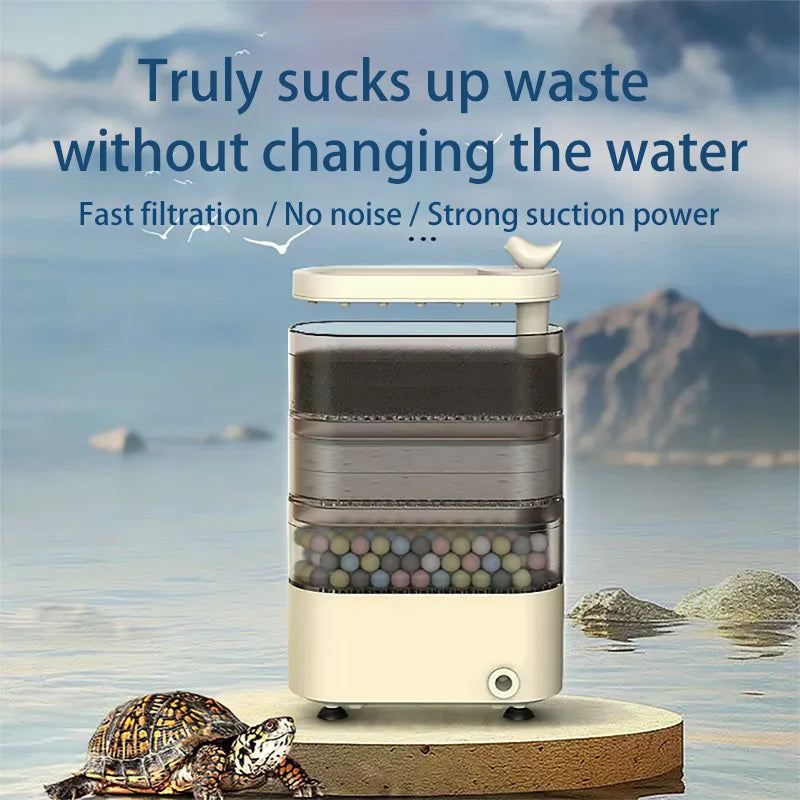 Turtle Tank Waterfall Filter Low Water 3-In-1 Suction Purification Recirculating Filter Box Fecal Clean Up