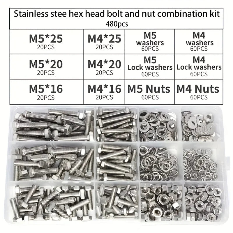 120/240/480pcs Stainless Steel Nuts and Bolts Assortment Kit, Including 6 Sizes Hex Bolts,Flat Washers, Lock Washers.