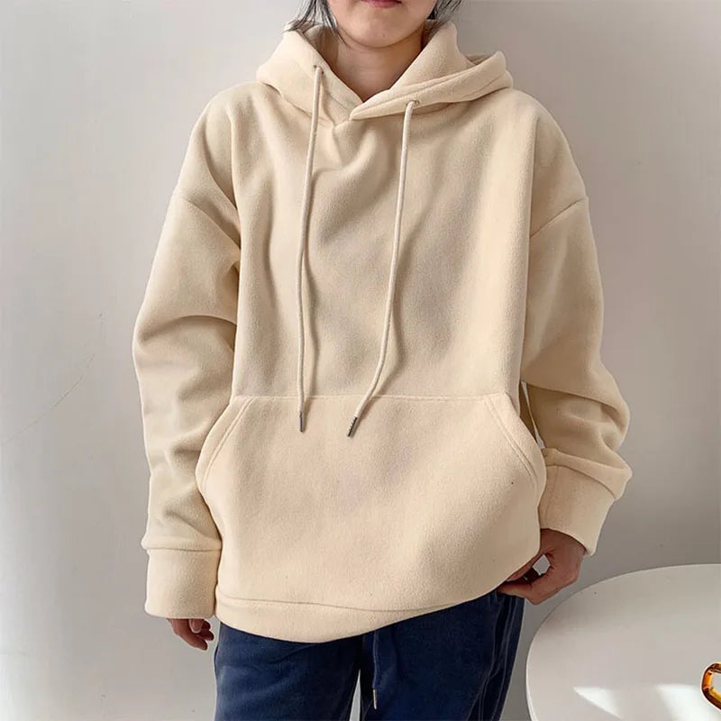 Autumn Korean Solid Hoodies Women Fashion Loose Pocket All Match Warm Pullover Tops Y2K Oversized Streetwear Casual Sweatshirts