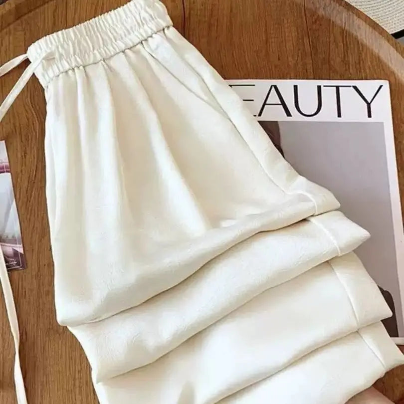 plus Size Satin Ice Silk Wide Leg Pants Women's Summer Thin Cool Casual Straight Leg Trousers Comfortable Loose Fit Long Pants