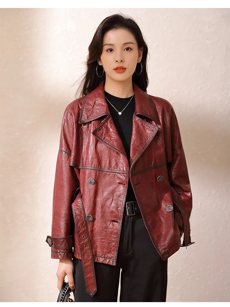 Roupas Femininas Autumn Women's Suit Collar Lace-up Waist Oil Wax Sheepskin Gabardina Mujer Vintage Red Wine Short Trench Coats