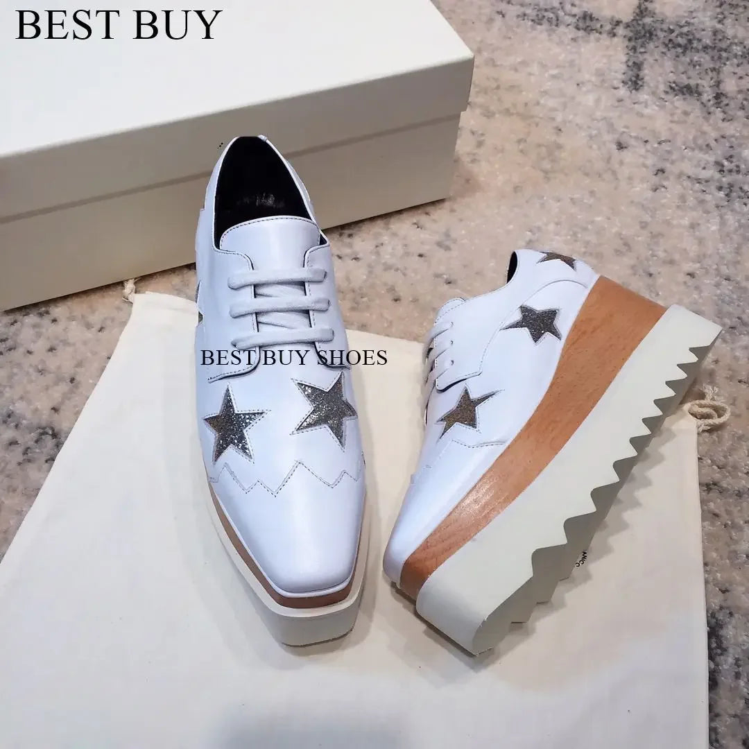 Women Fashion patent Stars high Loafers Shoes Lady Square Toe lace-up Thick Bottom Platform Wedge Shoes For Women sneakers