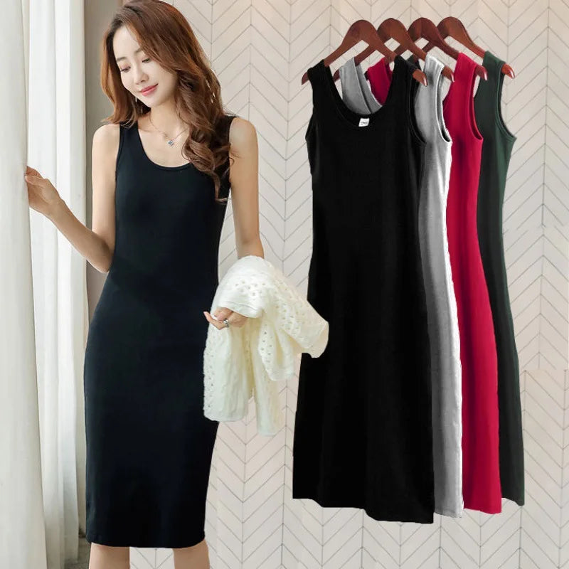 Summer Tank Top Style Dress Women Simple All-match Solid Color Package Hip Slim Sleeveless Dresses Commuting Style Midi Vestidos
