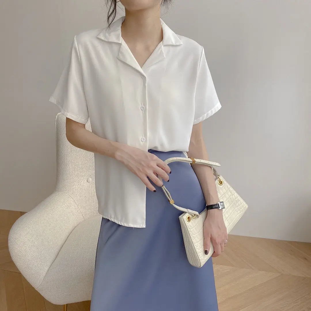 Women Summer Elegant Solid Chiffon Blouses Casual Turn Down Collar Short Sleeve Loose Shirts Korean Chic Top Female Tunic