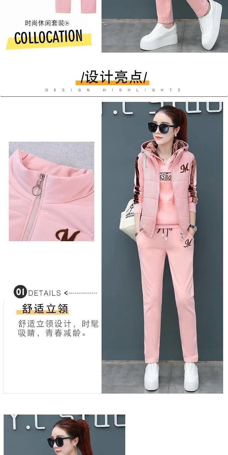 Women's Casual Sweat Suit 2025 Autumn Winter New Fashion Plush Thickened Hooded Tops Waistcoat Pants 3 Three Piece Set For Women