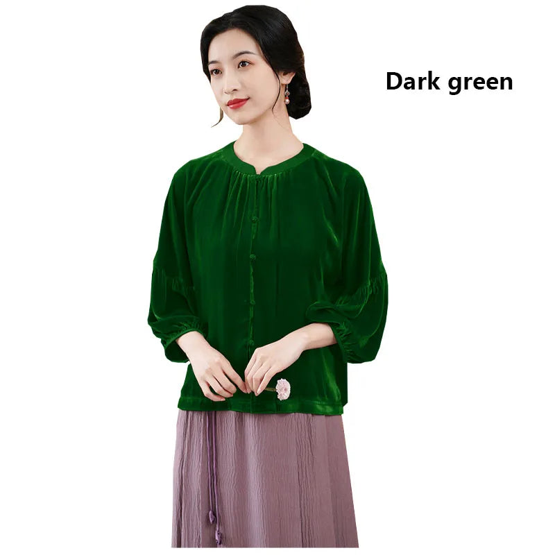 Silk Velvet Shirt for Women, Elegant Temperament Shirt, Mulberry Silk, Vintage Blouse, Violet Light, Comfortable, Spring Autumn