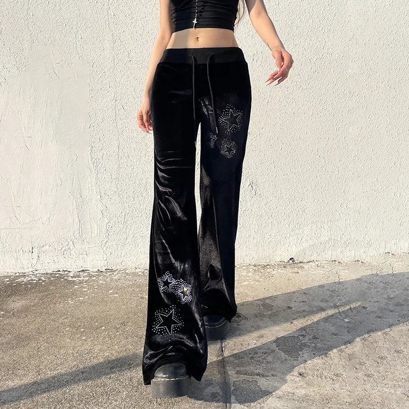 AltGoth Y2k Streetwear Gothic Velvet Pants Women Dark Cyber Punk Harajuku Grunge Pentagram Printed Low Waist Stright Pants Femme