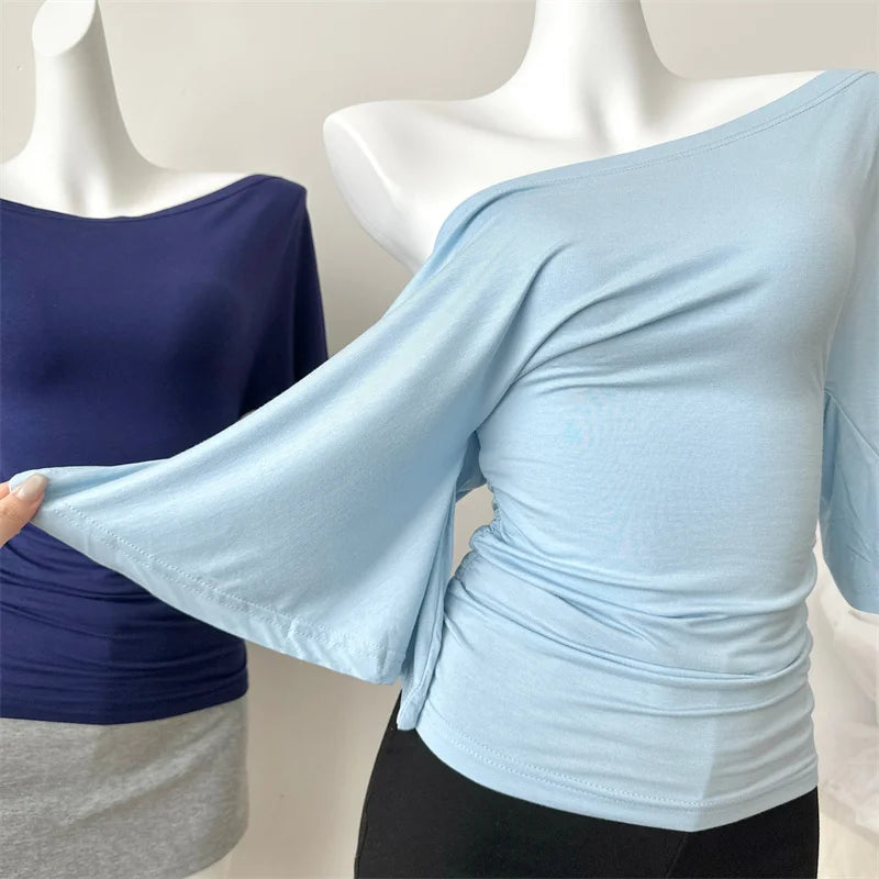 Women's Summer High Stretch Slash Neck Flare Sleeve Slim T Shirt Lady Sexy Pleated Slim Solid Color Pullover Tee Top