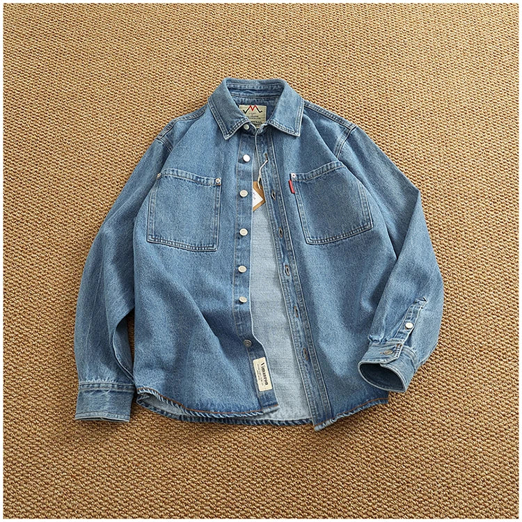 Spring Autumn New American Retro Long-Sleeve Lapel Solid Color Denim Shirt Men's Fashion 100% Cotton Washed Old Casual Blouses