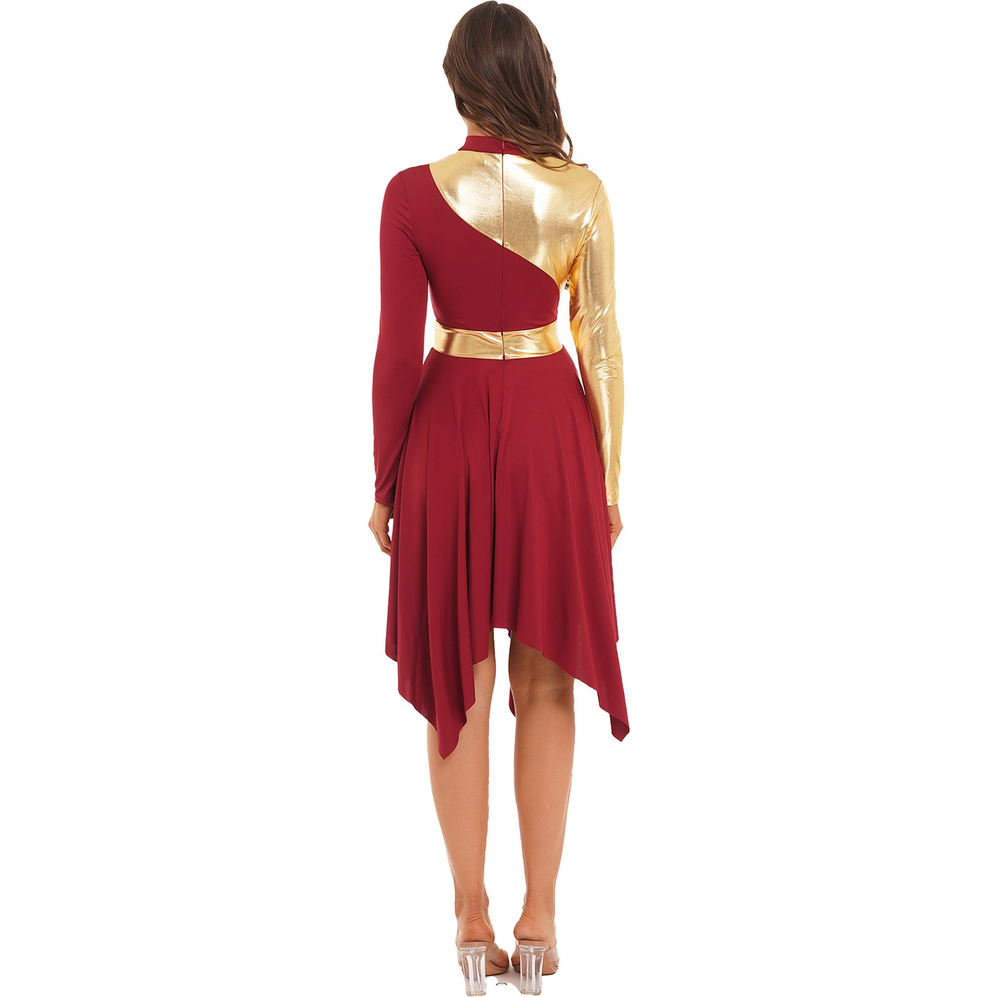 Women Modern Lyrical Dance Dress Waltz Ballroom Performance Costume Church Choir Worship Gown Long Sleeve Shiny Dancewear