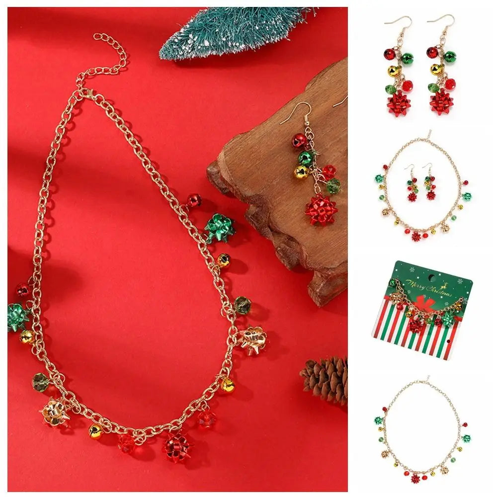 Sweet Necklace Christmas Bell Jewelry Set Bracelet Colorful Bell Xmas Clavicle Chain Earrings Jewelry Accessories Women