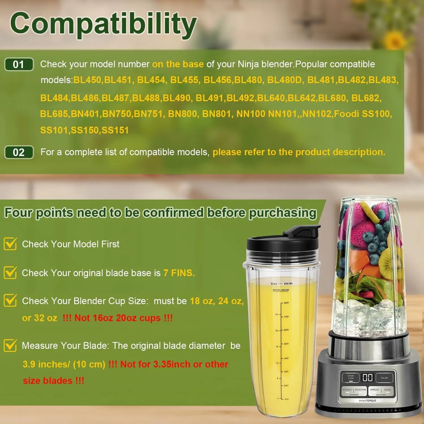 32OZ 2Pcs Cups with Lids Replacement Parts  for Ninja Blender For Ninja Auto IQ Blender BL450 BL480 BL642 BL680 BL490 BL640