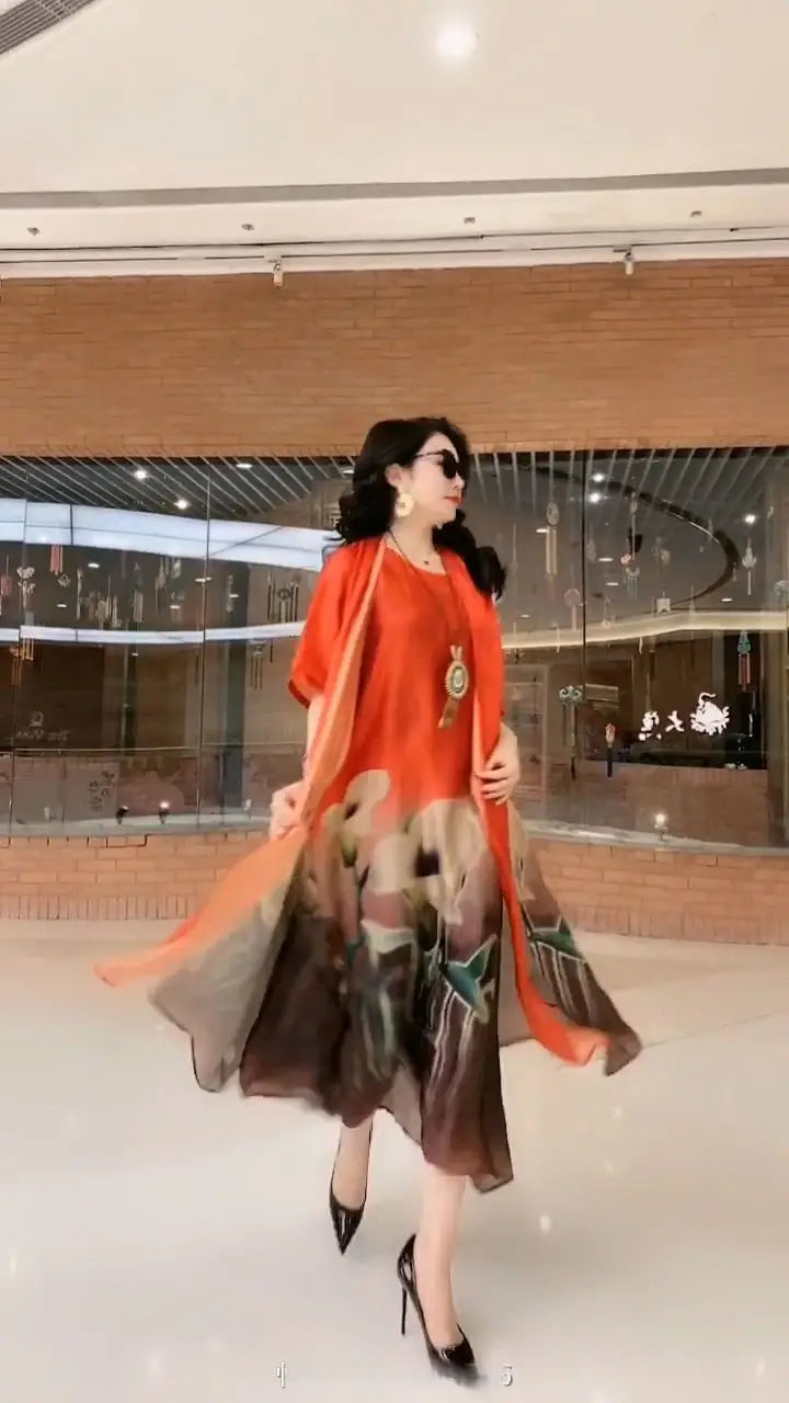Authentic Silk Dress for Mother, Silkworm Loose Dress, High-End Print, 2-Piece Dress, Women's Dresses, Spring, Summer, New, 2023