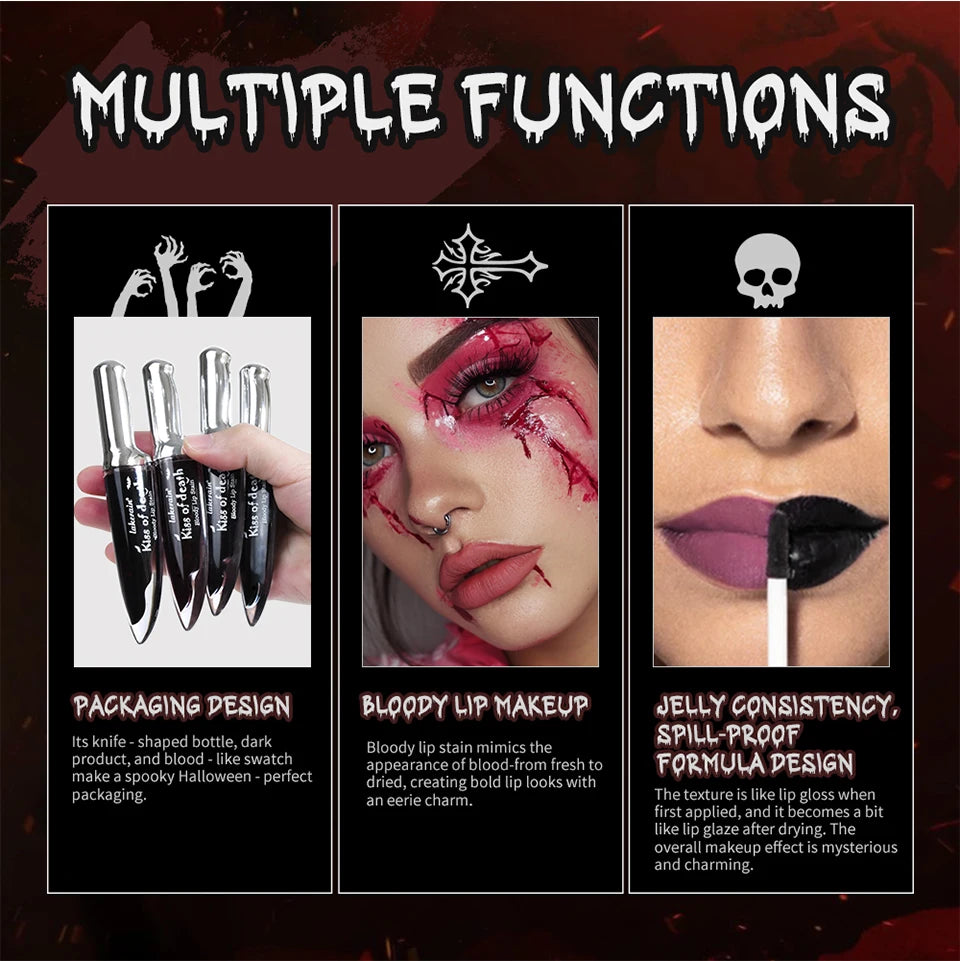 Lakerain 4pcs Kiss of Death Lip Stain Kit  Blood-stained Lip Look Long Water Proof Matte  DEVILS KISS WITCH'S CURSE Gothic Makeu