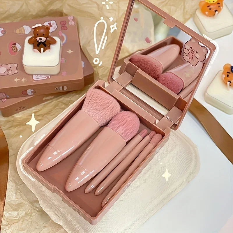 5Pcs Portable Makeup Brush Set With Mirror -  Foldable Travel Kit, Mini Makeup Brush Set Travel Makeup Brush Set