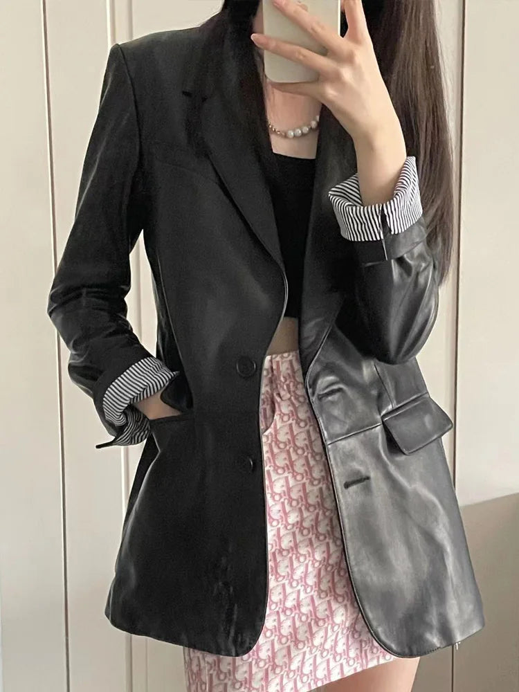 European American Streetwear Leather Jacket For Women Chic Loose Fit Suit Coat Female Flip Pocket Two Bottons White Blazer Mujer