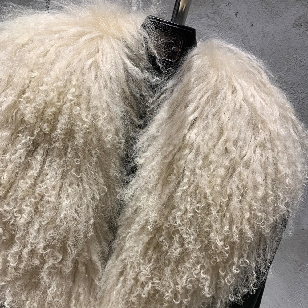 Sheep Collar Coats Women Winter Luxury Mongolian Fur Leather Jackets with Long Sleeve 7251