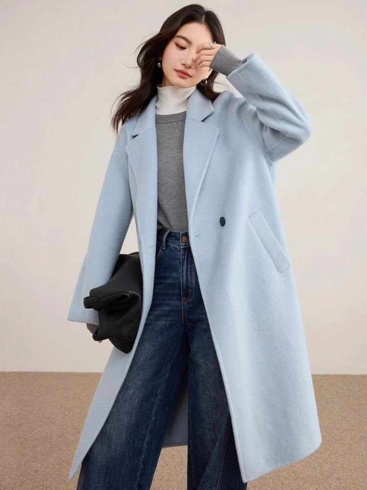 SENTUBILA Women's 100% Wool Double-Faced Coat Winter 2025 Suit Lapel Collar Classic Commuter Style Long Overcoat W54OA8779