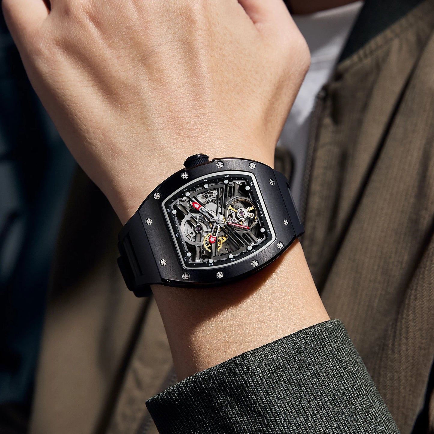 Automatic mechanical watch outdoors simple luxury watches waterproof wholesale skeleton leather mens watch gift