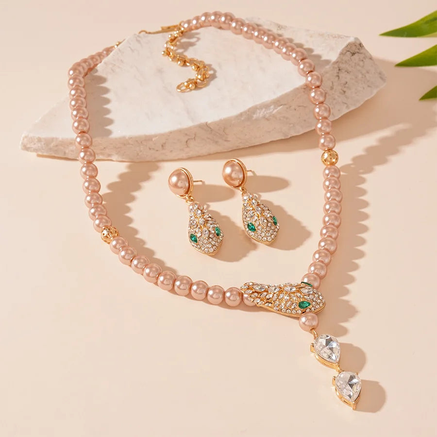Snake Necklaces Drop Earrings Jewelry Set Luxury Rhinestone Imitation Pearl Beaded Chain Necklace for Party Wedding Bridal Gifts