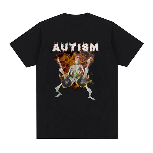 Autism Funny Skeleton meme Print Crew Neck T-shirt, Casual Loose Short Sleeve Fashion Summer T-Shirts Tops, Women's Clothing
