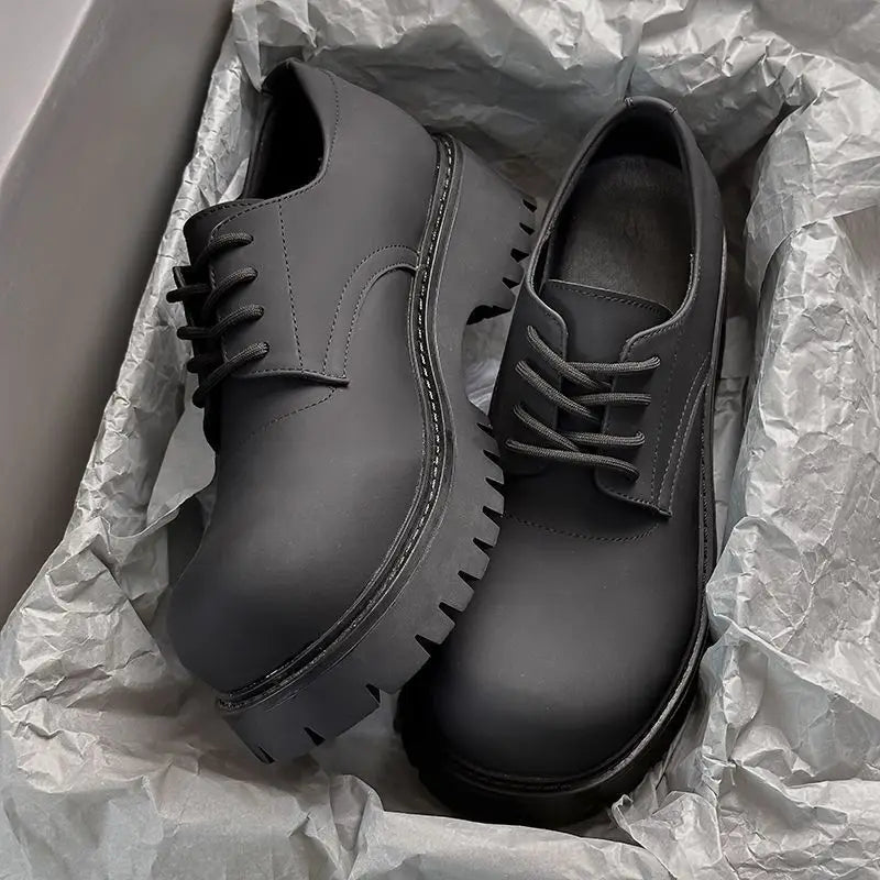 Men's Leather Shoes Black Thick Sole Round Toe Platform Male Casual Derby Shoe Cowhide Classic Original Legitimate Designer Pu
