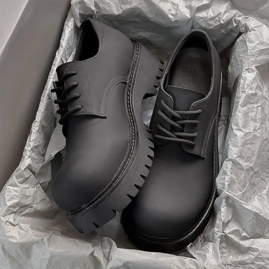Men's Leather Shoes Black Thick Sole Round Toe Platform Male Casual Derby Shoe Cowhide Classic Original Legitimate Designer Pu