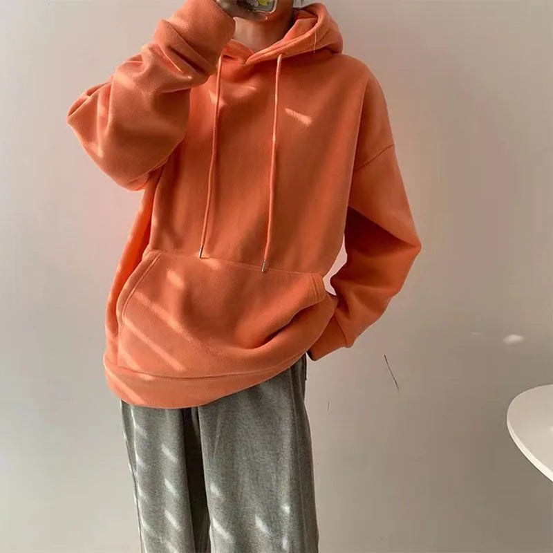Autumn Korean Solid Hoodies Women Fashion Loose Pocket All Match Warm Pullover Tops Y2K Oversized Streetwear Casual Sweatshirts