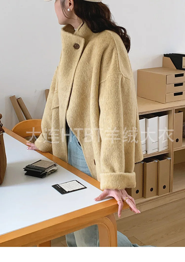 New Winter Short Woolen Coat Fashion Causal Warm Mulberry Silk Lapel Double-sided Wool Coat Loose Suit Jacket Female Tide Autumn