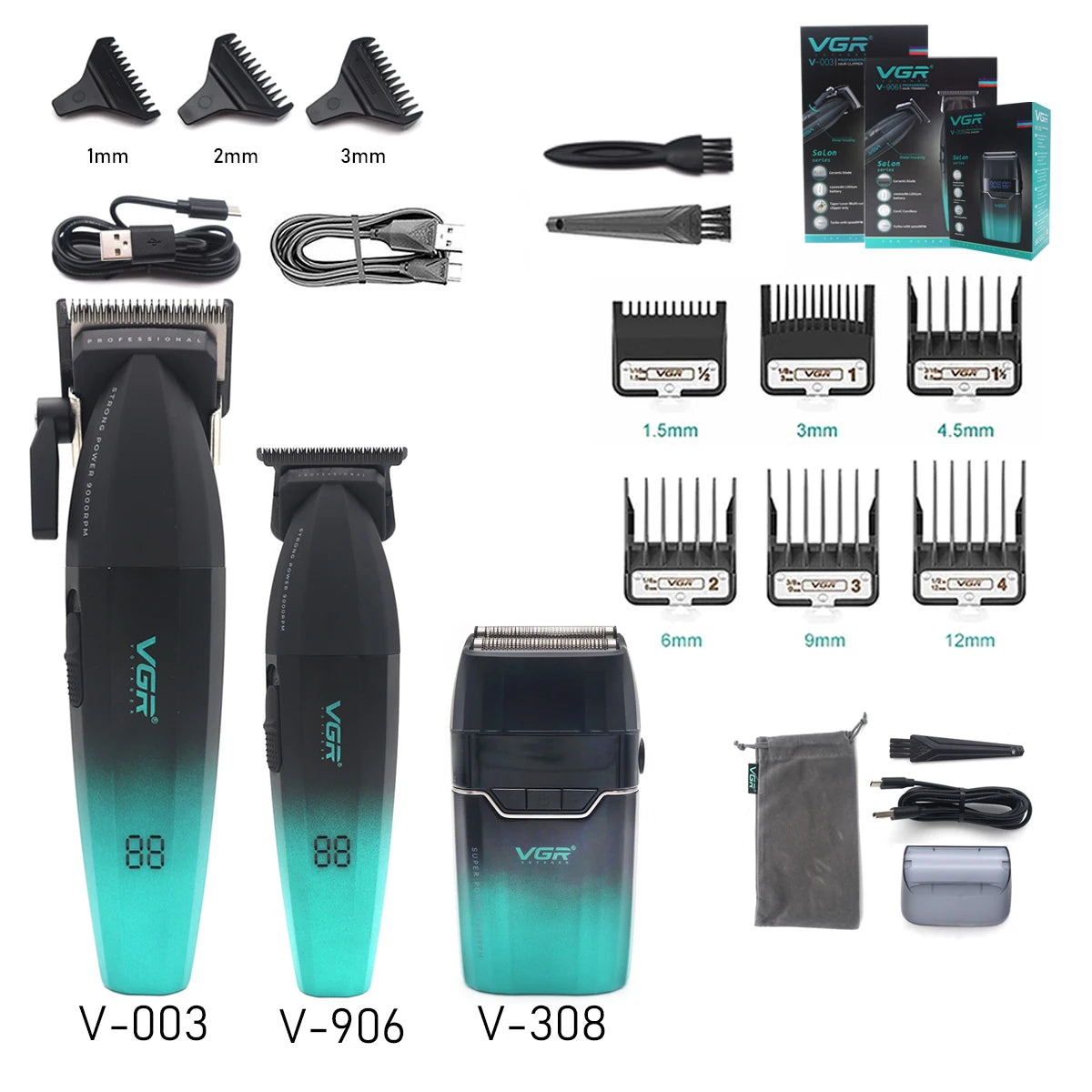 VGR V308 Beard Trimmer for Men Double Foil Full Metal LCD Display 9000RPM Electric Shaver Barber Professional Barber Machines