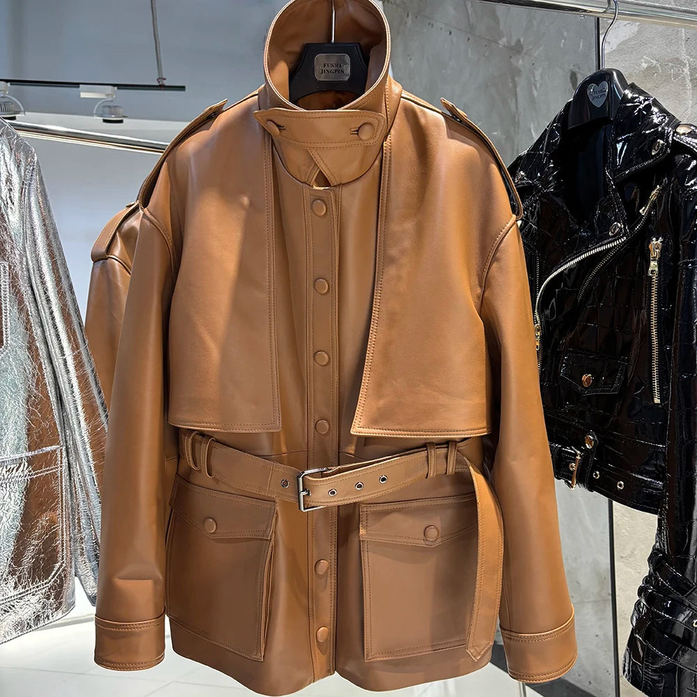YOLOAgain Real Leather Suede Jacket Women Dark Brown Single Breasted Leather Coat With Belt