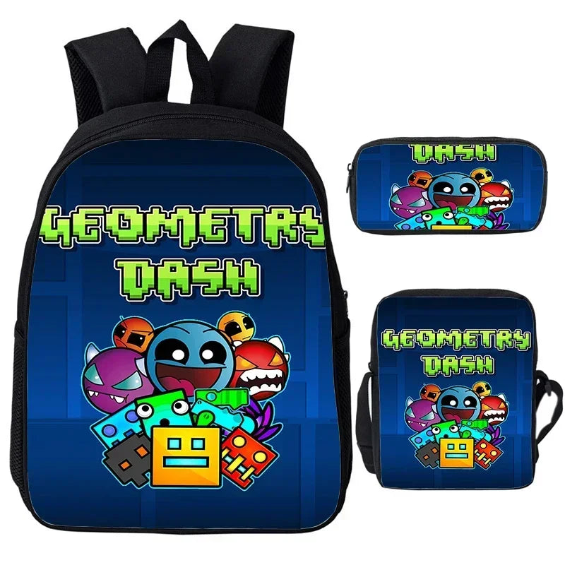 Large Capacity Bookbag 3pcs Set Boys Girls School Bags Angry Geometry Dash Cartoon Print Children Backpack Back To School Gifts