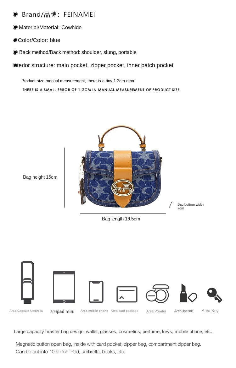 Ladies' handbag, light luxury retro denim canvas bag, fashionable 2025 new style saddle bag, high-end single shoulder crossbody