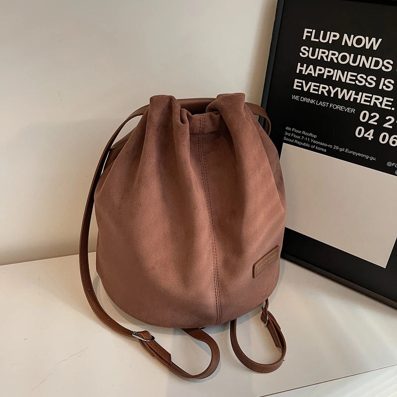 2024 Latest Women Fashion Backpacks Drawstring Bucket Shoulder Bags Soft Suede Large Capacity Rucksack For Travelling Shopping