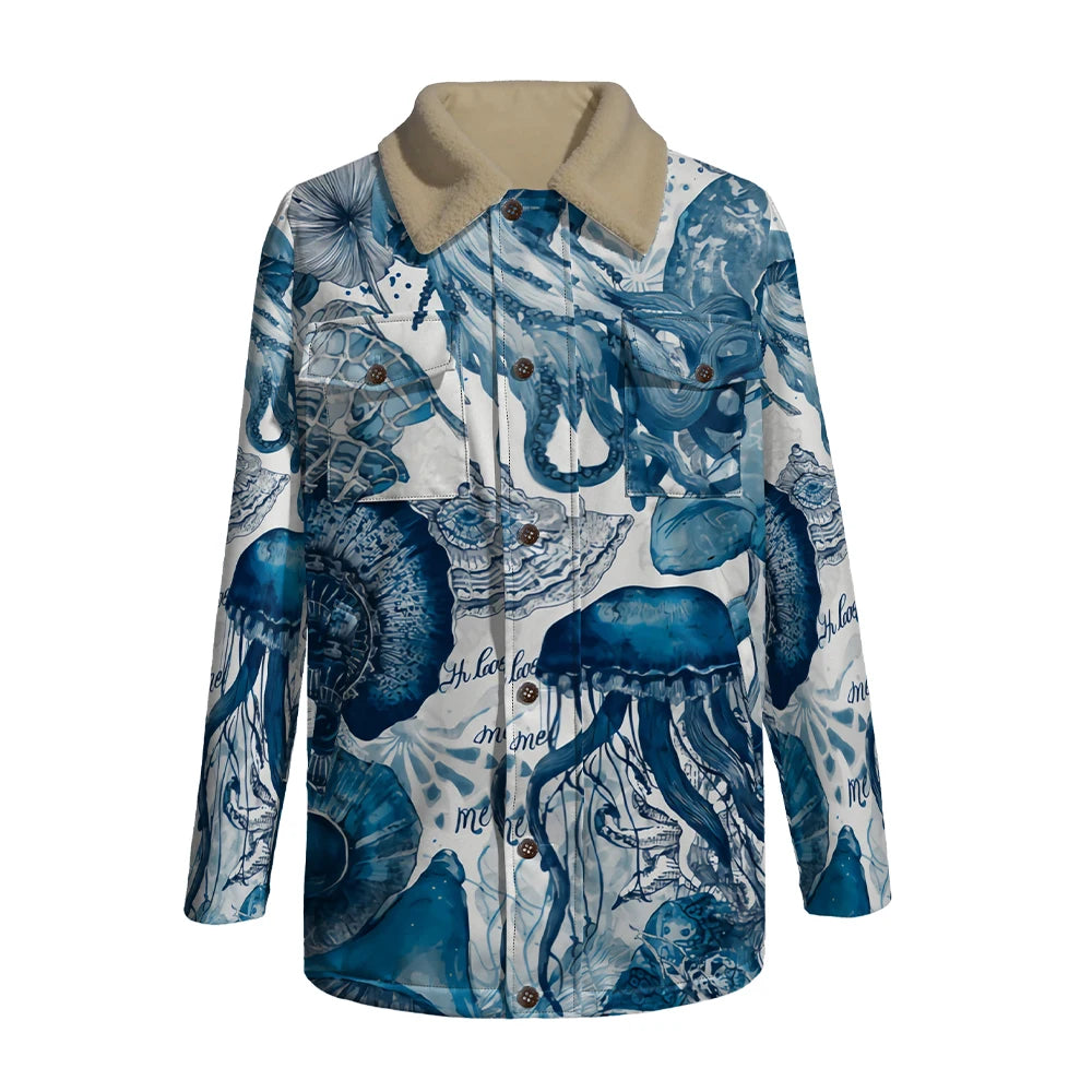Winter Aesthetic Jacket Marine Life Print Long Coats Whale Turtle Jellyfish Pattern Faux Fur Collar Unisex Coastal Style