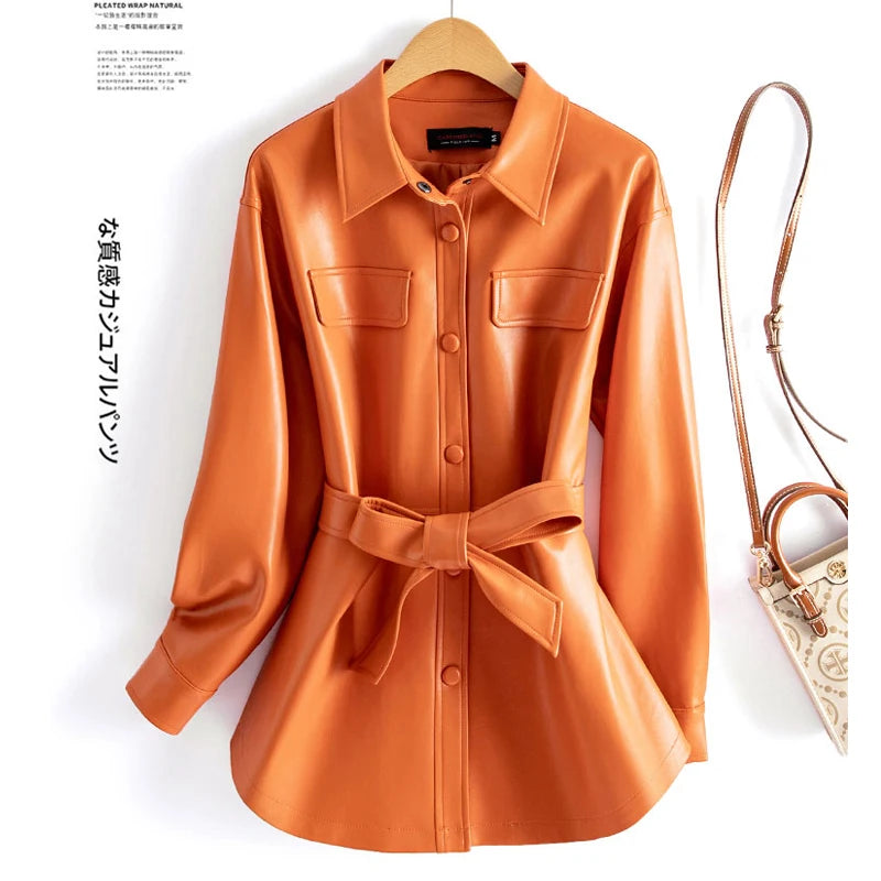 Sheepskin Leather Jacket Women Fashion Irregular Turn-down Collar Lace-up Belt Chic Office Ladies Real Split Leather Jacket Coat