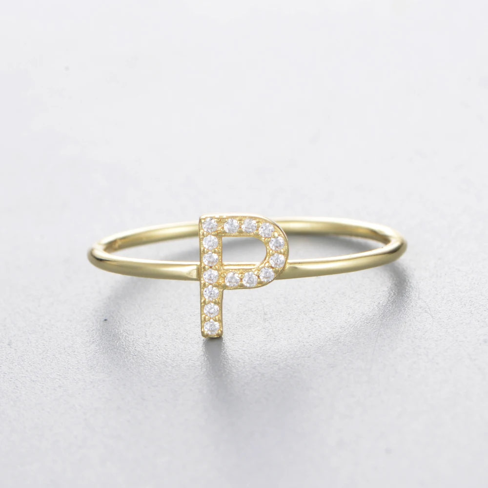 925 Sterling Jewelry A-Z 26 Letters Name Initial Rings Gold Plated Silver Fashion Simple S925 Ring Zircon Round Brilliant Cut