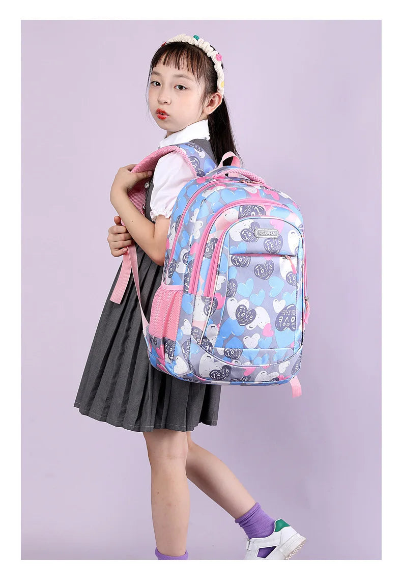 Student Boys And Girls School Bags Love Heart Printed Student Shoulder School Bags 1-6 Grade Light Weight Double  Shoulder Bags