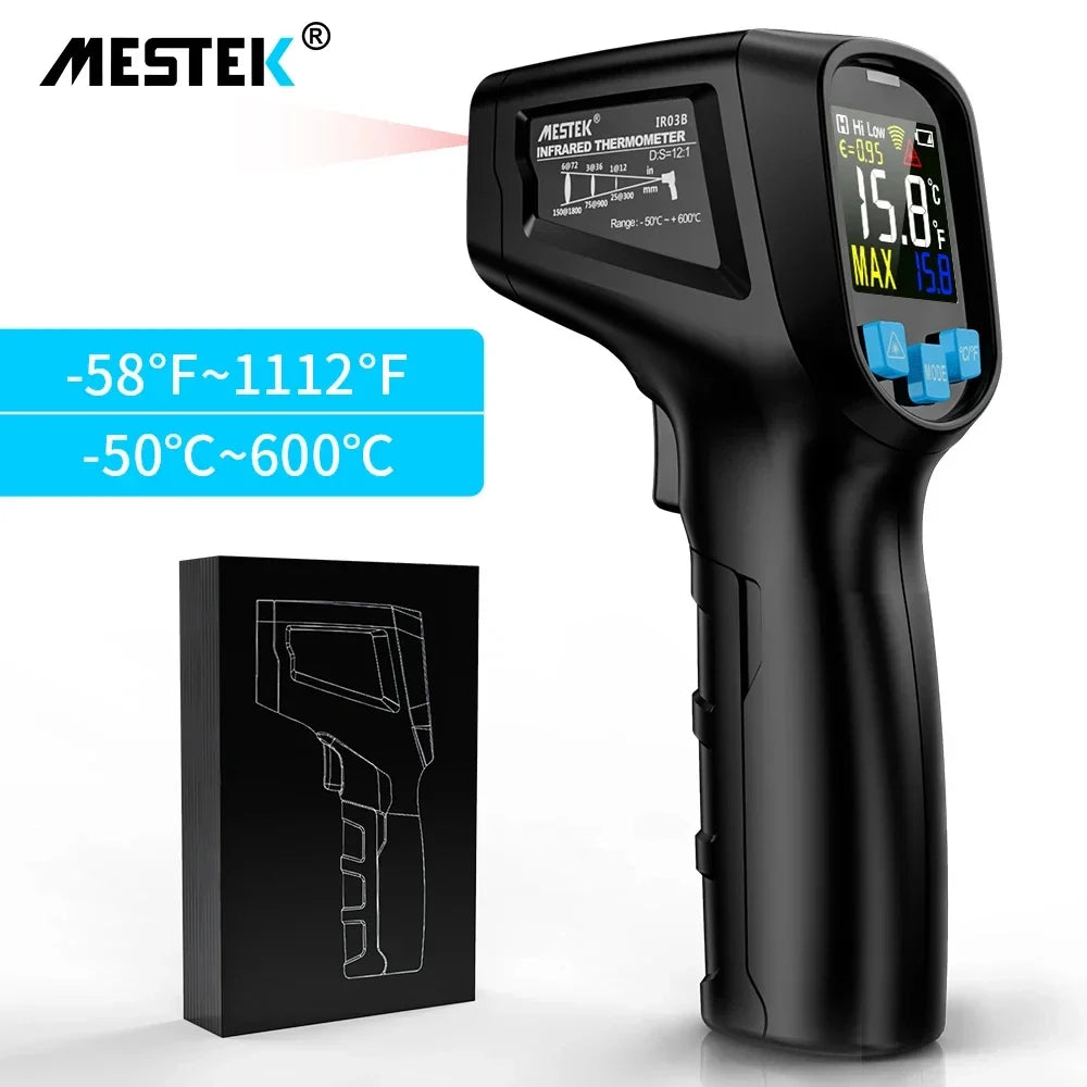 Mestek IR02C Infrared Thermometer C/F Non Contact Pyrometer Temperature Meter Digital Laser Thermometer with temperature probe