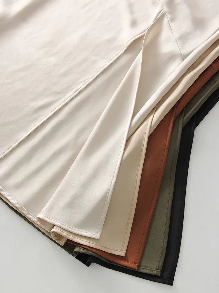 Summer Satin Skirts For Woman Office Maxi A Line Black Silk Skirts With Slit Lady High Waist Women Patchwork Skirt Long Elegant
