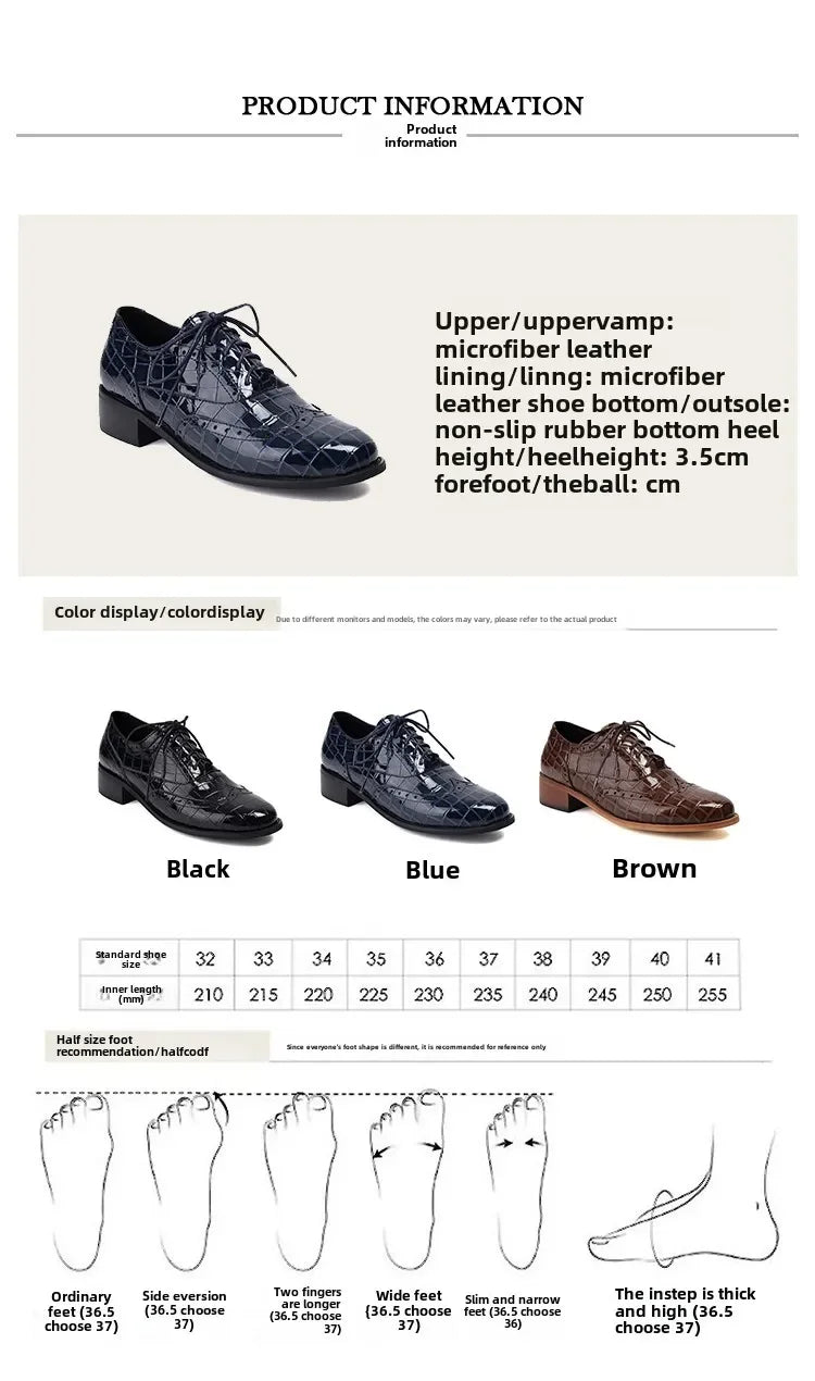 Women Shoes Spring New Fashion Round Toe Lace Up Retro Single Shoe for Office Party Walk Thick Low Heeled Big Size 48 775-1
