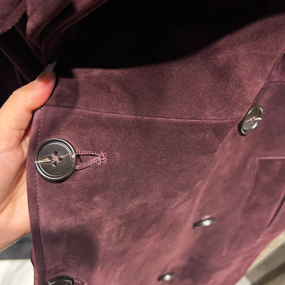Suede Burgundy Long Coat Double Breasted Windbreak Length 150cm Women's Real Suede Coat