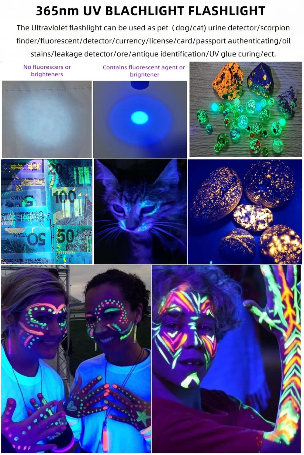 Ultraviolet 365/395nm Zoom Ultra Violet flashlight UV Fluorescent Blacklight Invisible Marker Curing Cat Dog Detector TK504