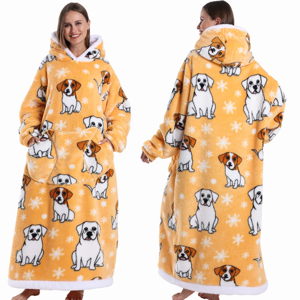 Extra Long Women Halloween Blankets with Sleeves Winter Plush Fleece Homewear Christmas Pajamas Adult Warm Oversized Hoodies