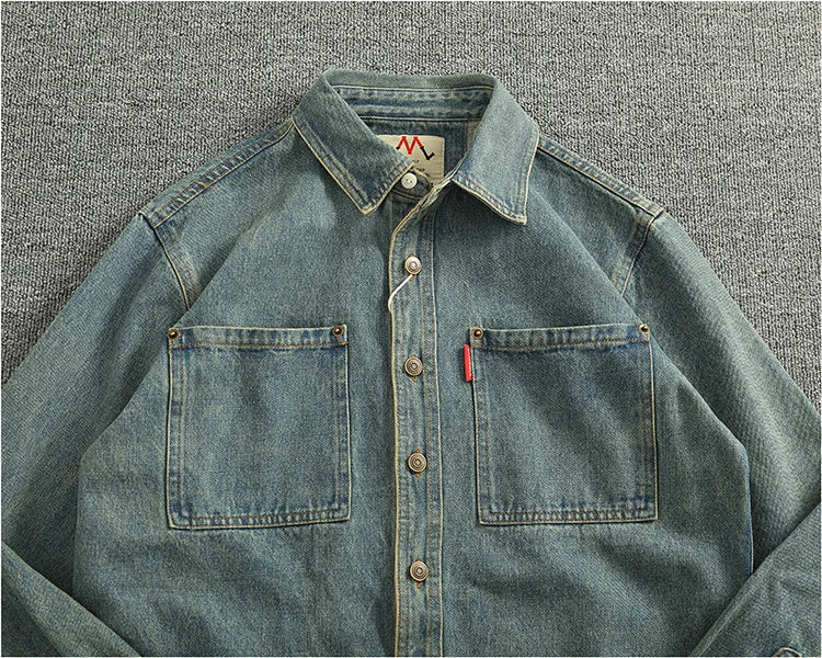 Spring Autumn New American Retro Long-Sleeve Lapel Solid Color Denim Shirt Men's Fashion 100% Cotton Washed Old Casual Blouses