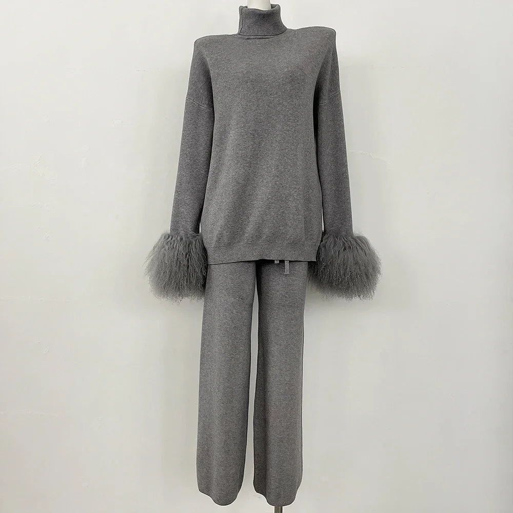 Knitwear Woman Wool & Blend Knitted Pullover and Pants Real Mongolian Sheep Fur Cuffs Sweater Set Real Fur Knitted Suit 2026 New